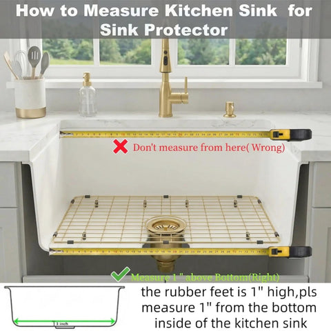 Stainless Steel Sink Grid For Kitchen Sinks 26 1/8 By 14 1/16 Inches Center Drain Hole Top Notch Durable Bottom Grid Protector Anti Corrosion Fits Most Undermount And Drop In Sinks shown with measuring tape in kitchen sink