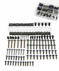 Motorcycle Fairing Bolt Kit With 195 Piece Fastener Set Clips And Screws Universal Fit 304 Stainless Steel Rust Resistant Burnt Blue Finish, assorted hardware laid out