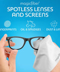 MagicFiber microfiber cleaning cloths, 2-pack; white cloth cleaning a black eyeglasses frame on blue background