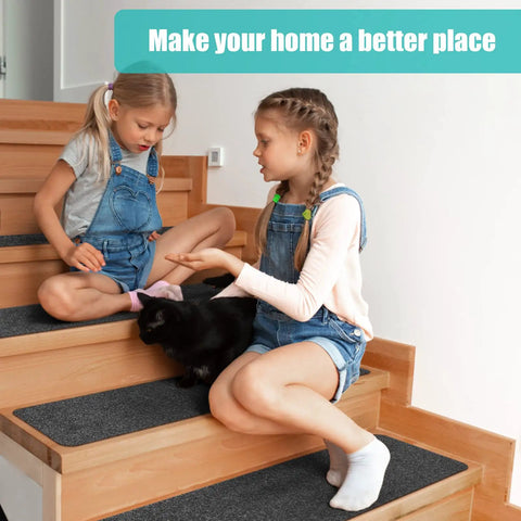 Two children sitting on stairs with Non Slip Stair Treads For Wood Steps 8 By 30 Inches 15 Pack Self Adhesive Indoor Carpet Protectors