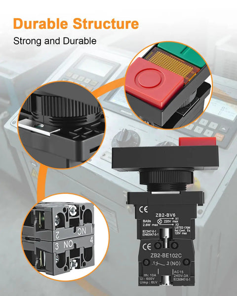 Close-up of dual head push button with signal lamp, showing durable construction; four-pack pro grade replacement for control panels.