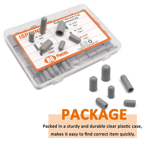 80 Piece Rubber Vacuum Cap Set for cars and machinery with gray caps in clear plastic case detailing sizes 3/16 to 3/8 inch.