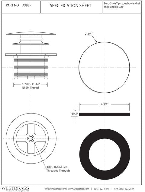 Specification sheet for Coarse Thread 1-1/2 Inch NPSM Mushroom Toe Bathtub Drain Stopper Polished Chrome With Easy Push To Close Operation