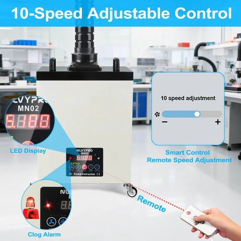 200W Laser Fume Extractor With LED Remote Filter Alert showcasing 10-speed control and smart remote speed adjustment.
