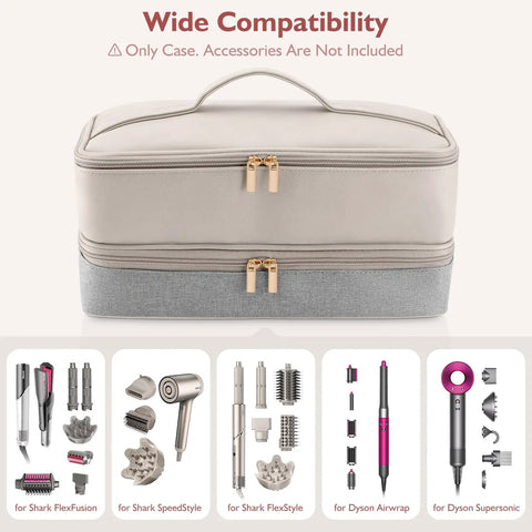 Travel Hair Dryer Case With Double Layer Storage Fits Revlon And Most 110V Dryers Flexstyle Airwrap Fusion Brush And Styling Tools Built To Last On The Go Organizer Bag shown closed with dual zippers.