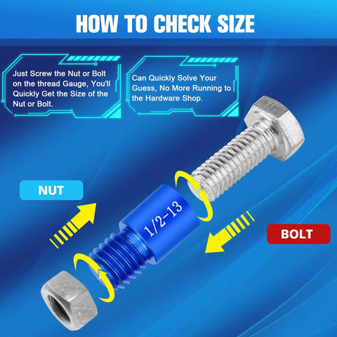 Nut and bolt shown with detachable thread gauge indicating size in 57Pcs Thread Checker Kit With 33 Standard And 24 Metric Sizes.