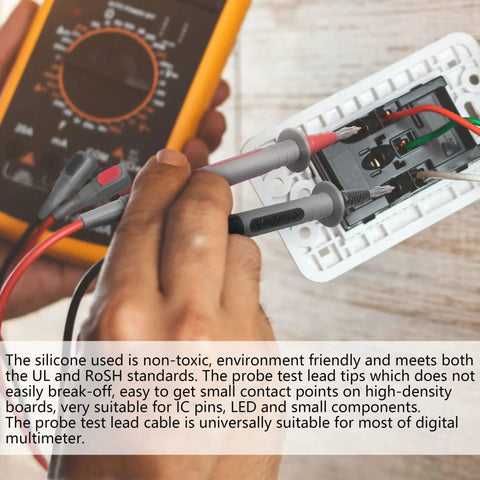 Double Insulated Multimeter Test Lead Kit With 4mm Banana Probes Alligator Clips And 0.7mm Needle Probe Heavy Duty Leads In Use