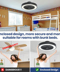 Bladeless Ceiling Fan With Lights 20 Inch Enclosed Black Dimmable Remote For Dining Room And Bedroom Next Level Quiet Energy Efficient Air Circulation Modern Look installed in a bunk bed room showing enclosed design safety comparison.