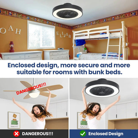 Bladeless Ceiling Fan With Lights 20 Inch Enclosed Black Dimmable Remote For Dining Room And Bedroom Next Level Quiet Energy Efficient Air Circulation Modern Look installed in a bunk bed room showing enclosed design safety comparison.