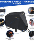 Heavy Duty Tricycle Cover For Adult Trike Waterproof Outdoor Bike Cover With 420D Fabric Nano Coating Scratch Resistant SPF 85 Plus Double Needle Seams, side view with reflective strips