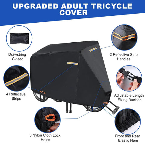 Heavy Duty Tricycle Cover For Adult Trike Waterproof Outdoor Bike Cover With 420D Fabric Nano Coating Scratch Resistant SPF 85 Plus Double Needle Seams, side view with reflective strips