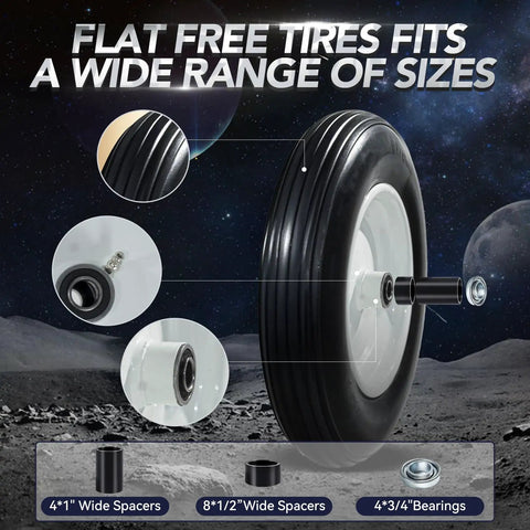 Flat Free Wheelbarrow Tires 14.5 Inch No Flats With 3 Inch Centered Hub And 5/8 Inch Bearings Universal Fit components displayed