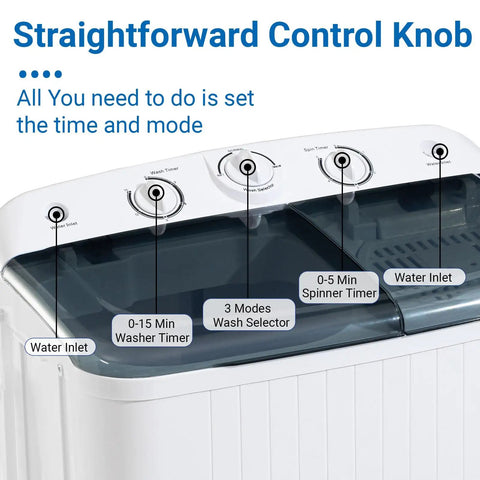 Control knobs of the Compact Portable Twin Tub Washer Thirty Two Pounds Semi Auto Model showing wash timer and water inlet.
