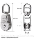 Two Pack Swivel Cable Pulley Block Set with dimensions, 304 Stainless Steel Wheel ideal for lifting and hanging systems.