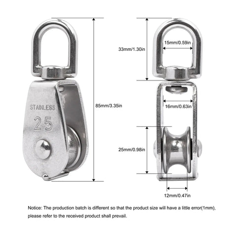 Two Pack Swivel Cable Pulley Block Set with dimensions, 304 Stainless Steel Wheel ideal for lifting and hanging systems.