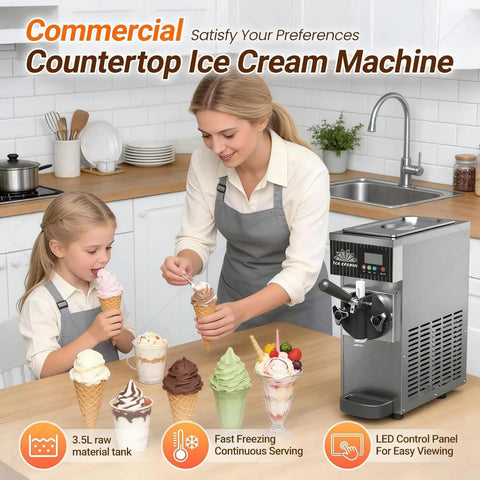 Heavy Lifter Commercial Ice Cream Maker With 450W Compressor And No Sweat Self Cleaning Air Cooled Setup Hustle Ready Frozen Dessert Machine For Busy Cafes in a kitchen with ice cream cones.