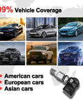 Autel TPMS sensor set with six car images (American, European, Asian) and a close-up tire pressure sensor.