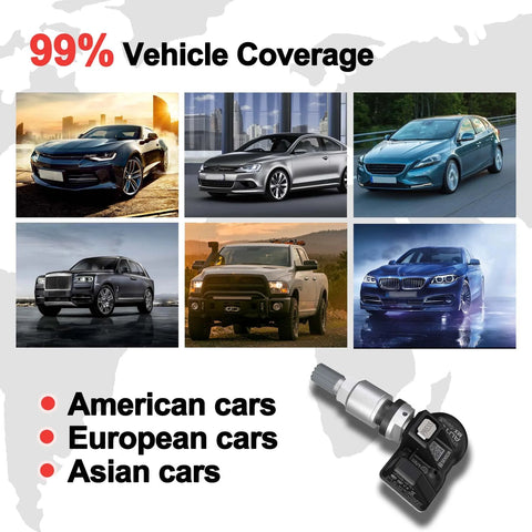 Autel TPMS sensor set with six car images (American, European, Asian) and a close-up tire pressure sensor.