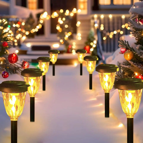 Outdoor Christmas scene with lit pathway lights, snow, and festive decorations, not showing Lit Outdoor String Lights 50ft S14 LED Bulbs Extendable Up To 250ft Waterproof IP65 Shatterproof Vintage Edison Style For Patio Pergola Backyard Deck Energy Efficient Commercial Grade