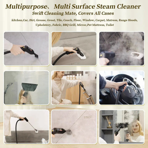 Powerful 2500W Handheld Steam Cleaner With 3 Level Adjustable Handle And 16 Accessories Fast Heating To 221 Deg F for cleaning surfaces.