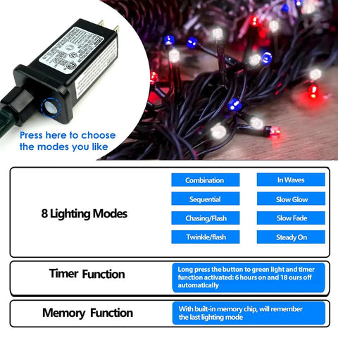 Patriotic 200 LED Red White Blue String Lights, extendable 75.8 ft, features 8 lighting modes with control box.