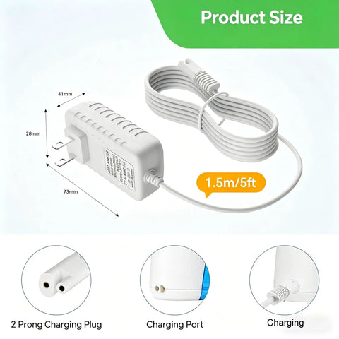 3V Water Flosser Charger Replacement for WP360 WP450 WP462 with 5 ft cable, 110-240V wall adapter, 2 prong connector