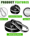 110Lbs Neodymium Magnetic Hooks Set With Swivel Carabiner Hangers showing black epoxy finish and protective steel cup features.