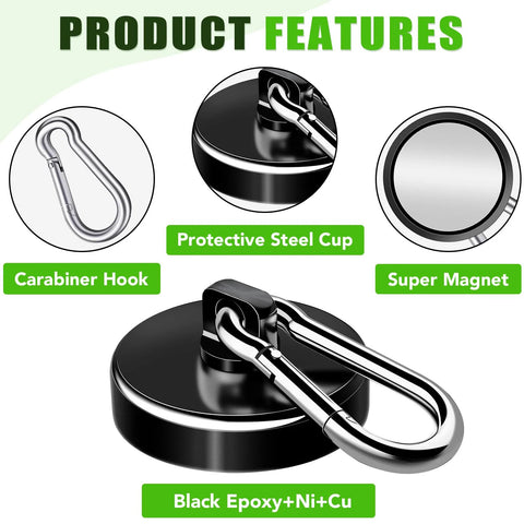 110Lbs Neodymium Magnetic Hooks Set With Swivel Carabiner Hangers showing black epoxy finish and protective steel cup features.