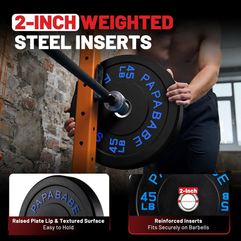Man using 70Lb Bumper Plate Set With Six Point Two Foot Rackable Curl Bar And Two Inch Olympic Weight Plates For General Fitness