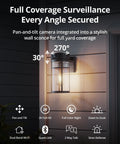 2K HD Outdoor Lantern Camera with Wi Fi, Wall Light Cam showing 270° pan and tilt on exterior wall, anti rust steel sconce.