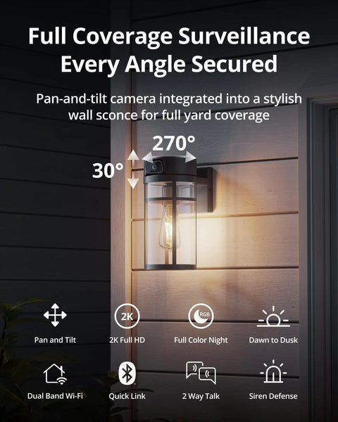 2K HD Outdoor Lantern Camera with Wi Fi, Wall Light Cam showing 270° pan and tilt on exterior wall, anti rust steel sconce.