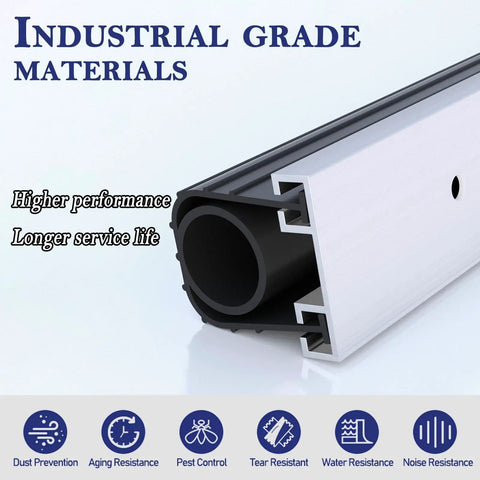 Close-up of an All Weather Garage Door Seal Kit With Aluminum Track Retainer, 16.5 Ft Bottom Weather Stripping For 8 To 16 Ft Doors, heavy duty rubber seal.