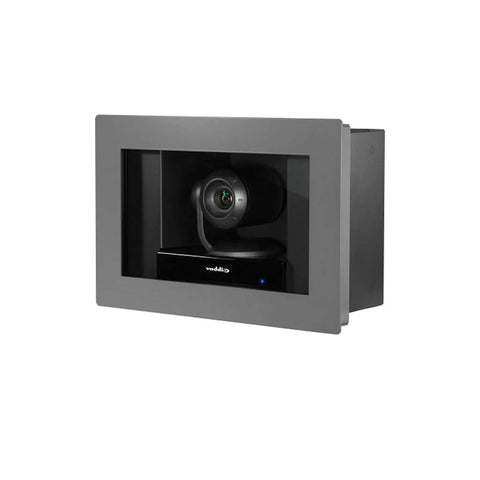 Game Changing HD PTZ Camera With OneLINK HDMI Extension For Hassle Free Video Calls Featuring Smart Glass Optics in wall-mounted frame.
