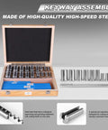 Open wooden box of Keyway Broach Kit With Collared Bushings Shims And 30 Piece Set Containing 5 Broaches 18 Bushings And 7 Shims