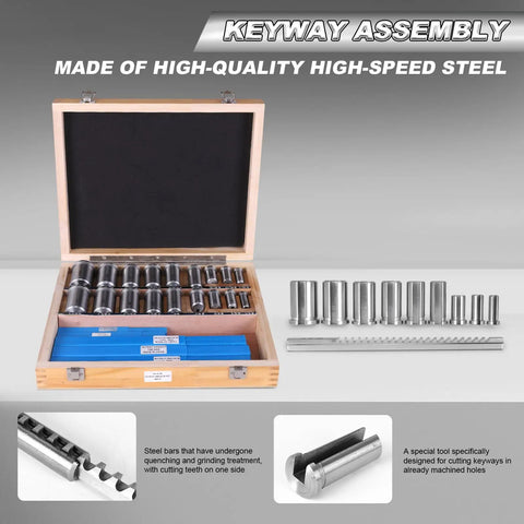 Keyway Broach Kit And Rectangular Broaching Set With 5 Broaches, 18 Bushings, 7 Shims, 30 Pieces in wooden case