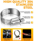 Close-up of 304 stainless steel hose clamp with corrosion resistance features and 70 Piece Hose Clamp Kit With 304 Stainless Steel Adjustable Worm Gear Clamps From Quarter Inch To One And A Half Inch Range A Real Workhorse Heavy Duty Set For Automotive Plumbing And Fuel Lines text overlay.