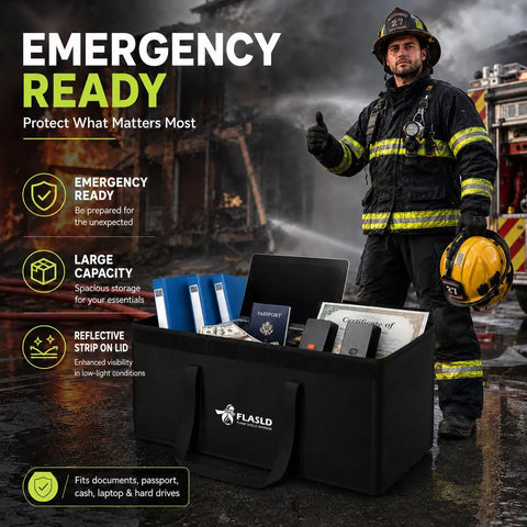 Firefighter standing next to Stash Ready Large Fireproof Document Bag 24 By 12 By 12 Inches Waterproof Safe For Cash Valuables And Passport