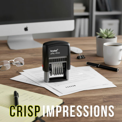 Six Digit Self Inking Numbering Stamp With Crisp Black Ink Marks And Zero Mess Build For Fast Office Workflows That Really Nails The Job Every Single Time on a desk with documents.