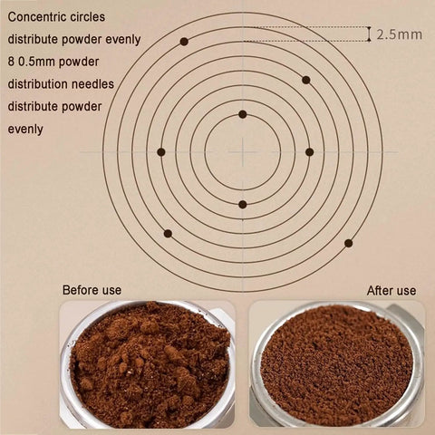Before and after comparison of espresso coffee grounds using the Dead Simple Setup 58mm Espresso Tamper Kit for even distribution.