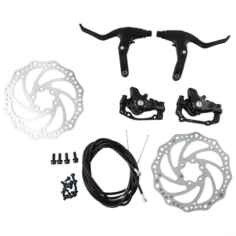 Straight Up Mechanical Disc Brake Set For Mountain Bike With Front Rear Wire Calipers And 160mm Rotors components in assembly layout.