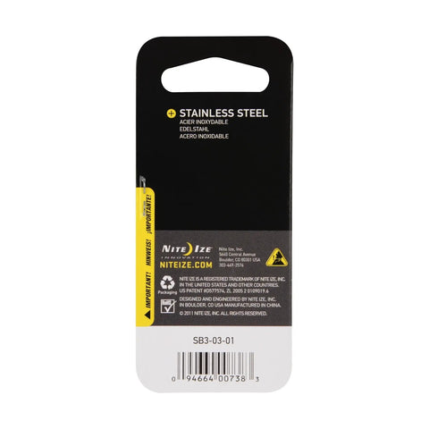 Back of packaging for Size 3 Black Double Ended Carabiner Clips, 6 Pack For Luggage Zippers Belts Backpacks And More, Weather Resistant Stainless Steel Everyday Carry Ready Utility Clips For Attaching Items And Organizing Gear