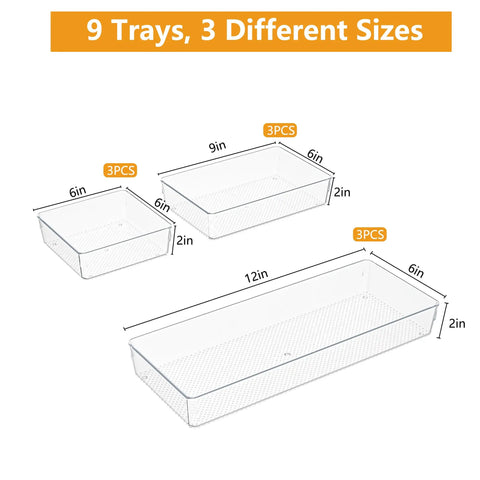 Clear Plastic Drawer Organizer Set For Kitchen Bathroom Office Cosmetics And Tools With Adjustable Dividers Space Saving Transparent Design 9 Pieces