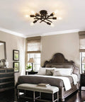 Bedroom with Six Light Black Matte Sputnik Ceiling Light Fixture Semi Flush Mount With E26 Base for farmhouse cozy vibe.