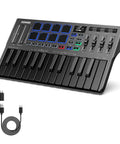 Compact USB C MIDI Keyboard Controller With 25 Keys And 8 Drum Pads, OLED Display, shown with USB cable