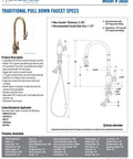 Total Game Changer Traditional Polished Gold Pulldown Kitchen Faucet With 360 Degree Swivel Spout and Snappy Pull Sprayer specifications and dimensions.