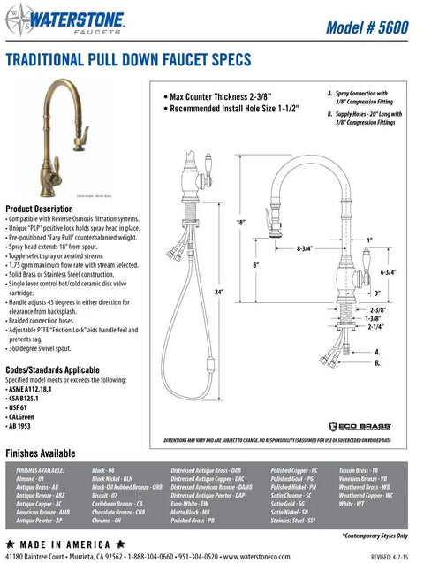 Total Game Changer Traditional Polished Gold Pulldown Kitchen Faucet With 360 Degree Swivel Spout and Snappy Pull Sprayer specifications and dimensions.
