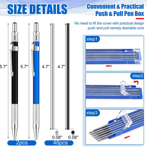 Image of Two Pack Welders Pencil Kit With Forty Eight 2.0 Mm Round Refills. Detailed view of silver and black pencils and refill loading steps.