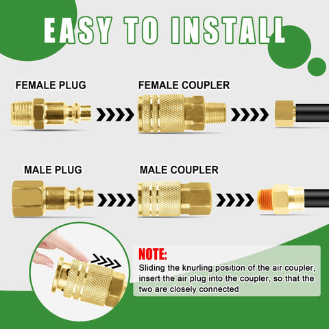 Diagram of how to install 45 Piece One Quarter NPT Quick Connect Air Fittings Kit With Male And Female Couplers Plugs Hex Nipples