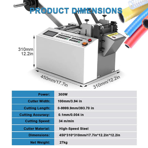 High Speed Automatic Electric Tube Cutter Cuts 3 Hoses Simultaneously Cold Cut Machine For Rubber And Plastic Pipes With LCD Display professional-grade cutter dimensions with specifications and cutting area.