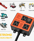 Automatic Vacuum Switch For Power Tools With Dual Outlets And Auto On Off Mode With Delay, displayed with tool compatibility.